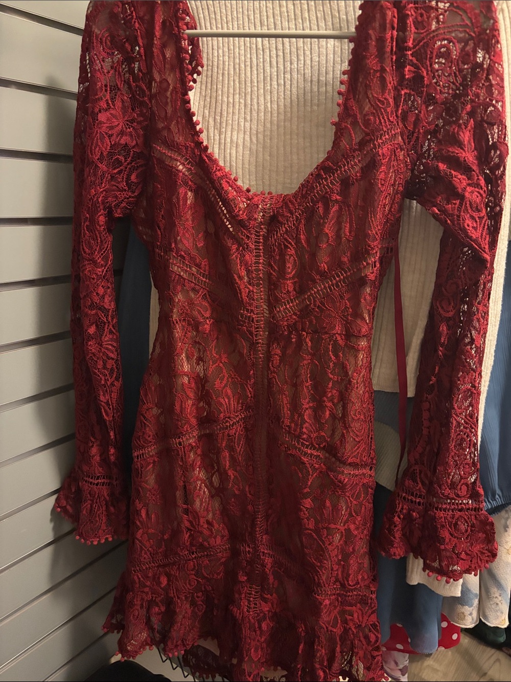 For Love & Lemons Burgundy Red Lace Long-Sleeve Mini Dress